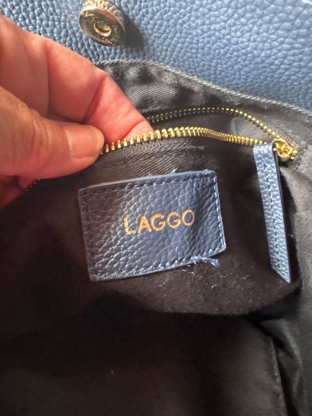 LAGGO Navy Pebbled Leather Hobo Shoulder Bag Gold Tone Hardware Tassel Tote - Picture 3 of 12